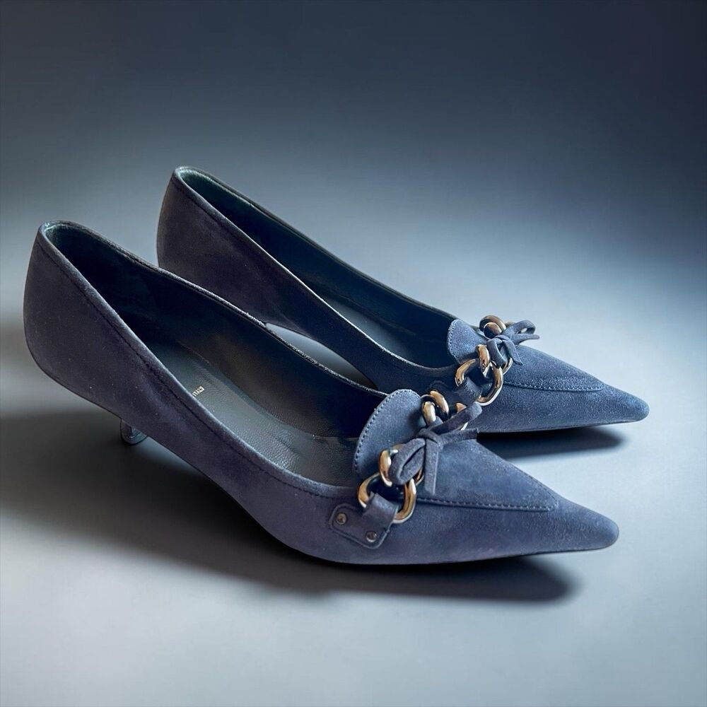 Prada Gray Suede Kitten Heel Pumps Horsebit Pointed Toe Italy EU 36.5 US 6.5 - Picture 2 of 12